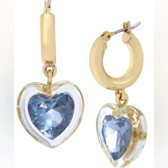 BETSEY JOHNSON Valentine’s Gold-Tone Light-Blue Huggie Heart Earrings NEW NWT - Picture 2 of 8
